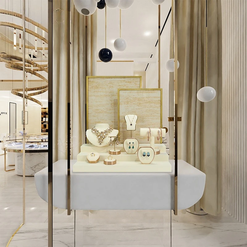 Ultra-fine jewelry display props, beige jewelry window counter, jewelry display stand, necklace, ring and earrings stand