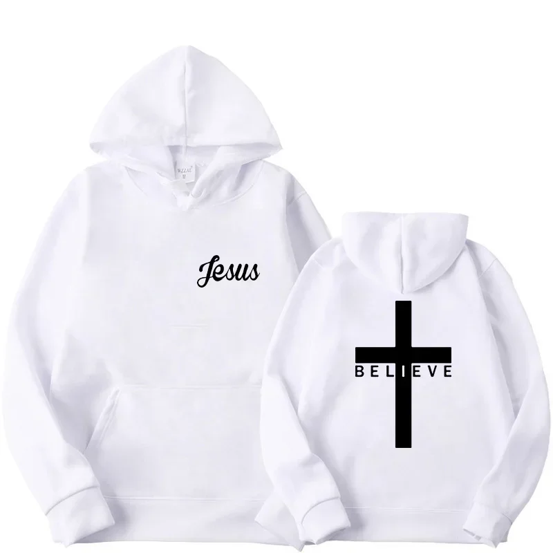 Men's Believe Cross Jesus Printed Hoodies Man Designer Drawstring Sweatshirts Harajuku Y2k Vintage Hooded Streetwear Sportwear