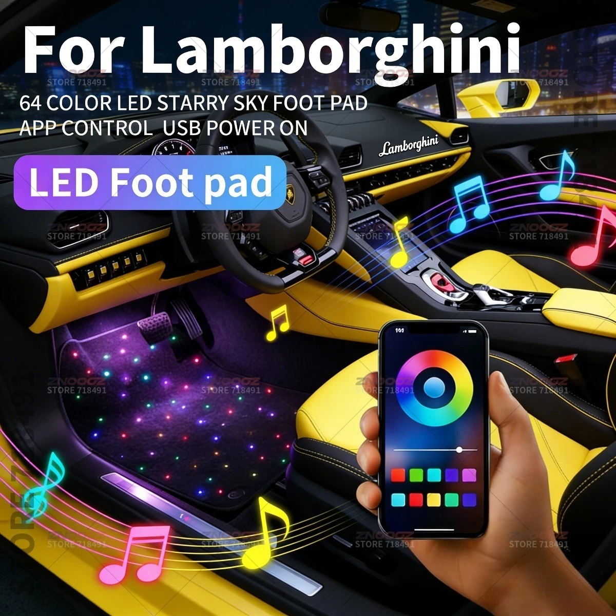 For Lamborghini Murciélago Gallardo Aventador Huracán Urus Revuelto USB Car LED Starry Sky Foot Mat DIY Can Be Cut