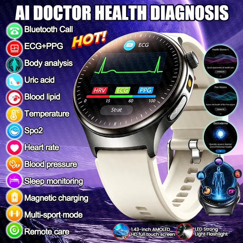 New AI Doctor Accurate Diagnosis Men Smart Watch ECG+HRV Blood Fat BP Blood Oxygen Temp 5 Organs Women Health BT Call Smartwatch