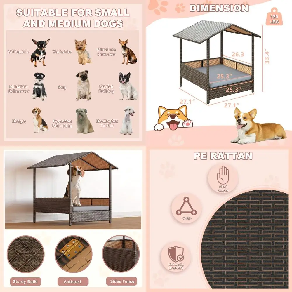 Casa para Perros de Mimbre Resistente a la Intemperie para Perros Pequeños/Medianos con Cojín Extraíble y Lavable - Ideal para Patio, Terraza, Jardín o Junto a la Piscina