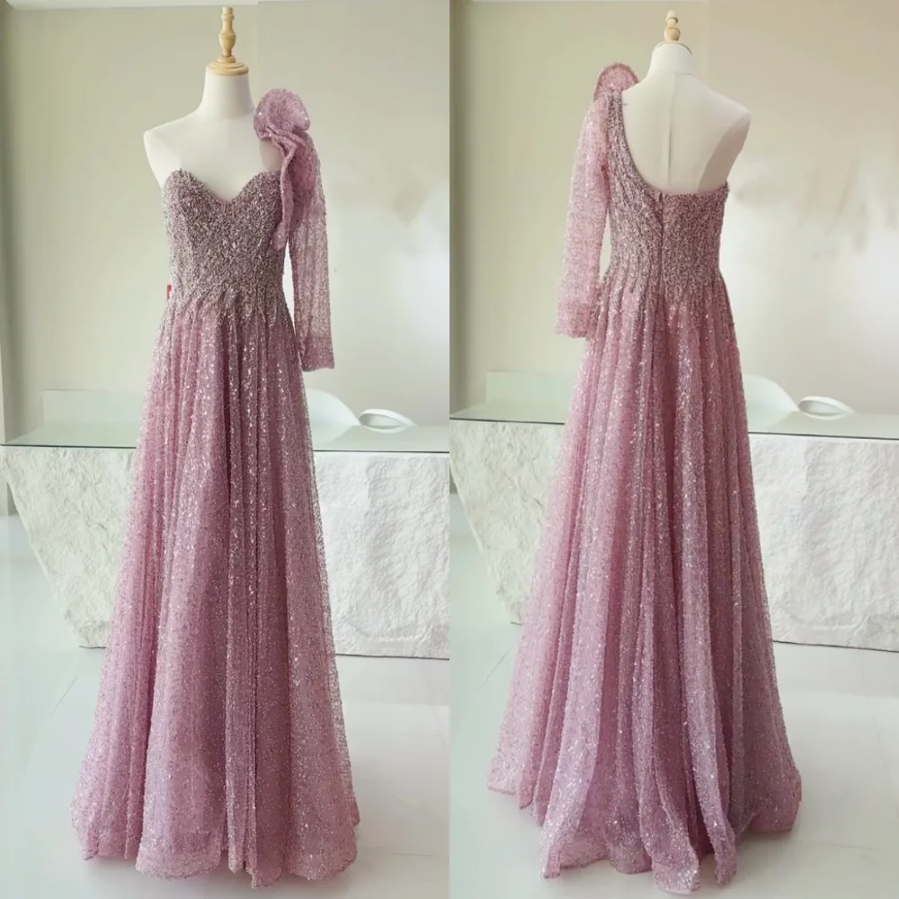 

Customized Ruched Pleat Sparkle One-shoulder A-line Long Dresses Bespoke Occasion Formal Luxury Evening Elegant Party Wedding