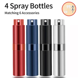 4PCS+6 Accessories Perfume Atomizer Refillable with 5 Spray Bottles, 2 Aluminum Funnel, 2 Dispensing Shenanigans, 2 Spring Straw