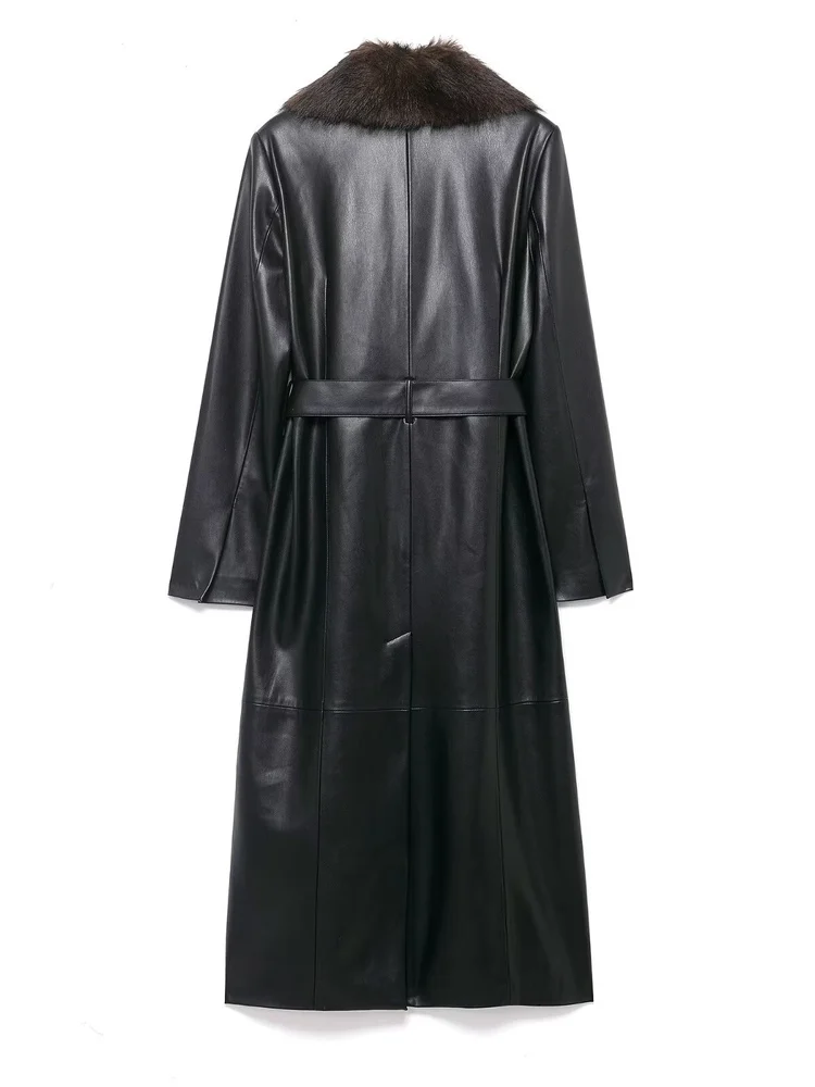 Ele Long Coat Women's Outerwear Collar Stand-Up Belted Fur Collar Autumn Winter New Arrival Korean Sle Commute PU Material