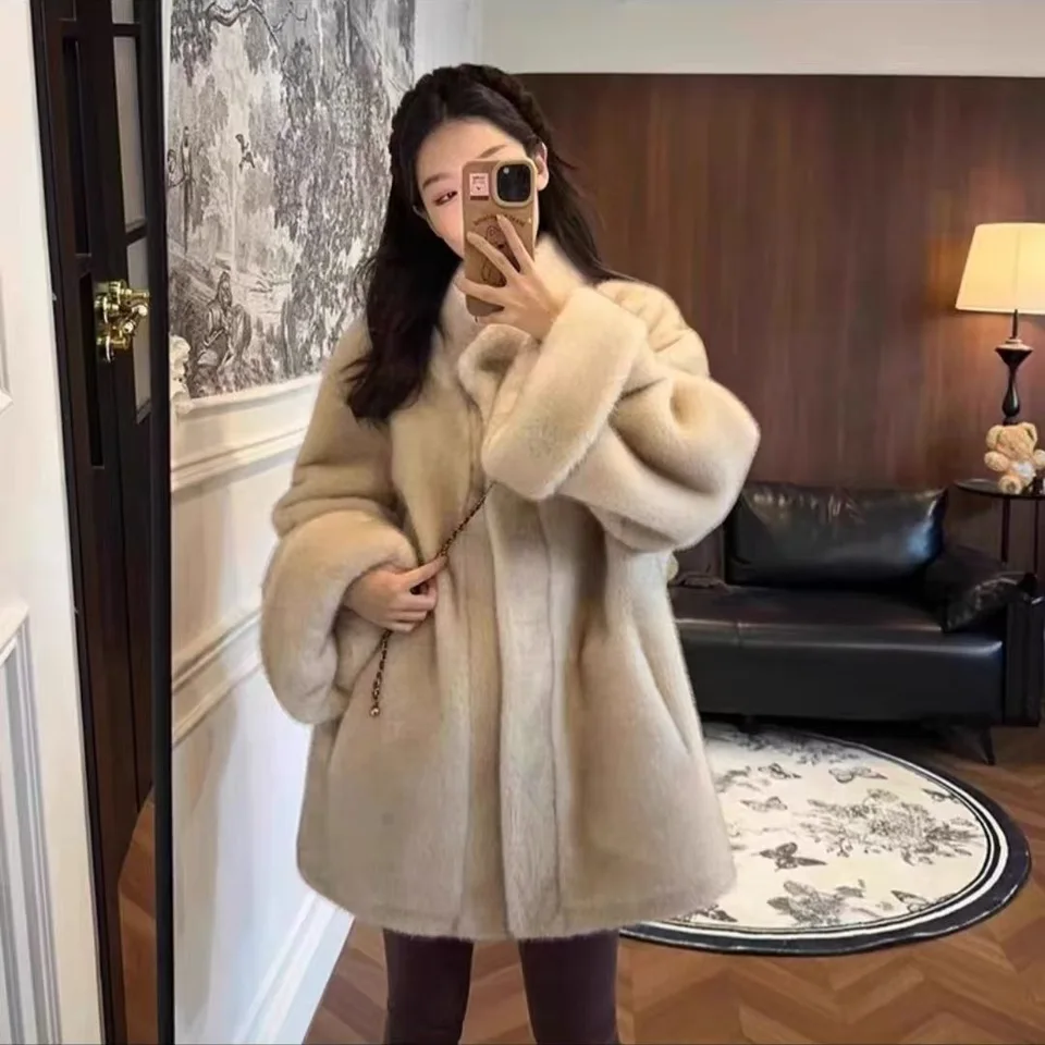 【美品】 ounce base fur collar coat オンス 韓国 Korean Style Mid-Length Stand Collar Loose Fur Coat Women's