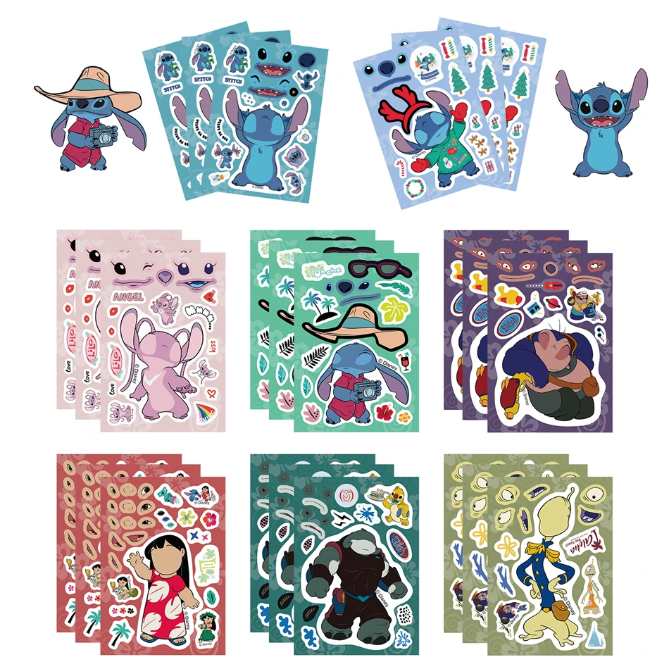 8 Vellen Disney Stitch Stickers Maken Een Gezicht Cartoon Puzzel Anime Schattige Kinderen Diy Speelgoed Grappig Assembleren Puzzel Kids Jongens Meisjes