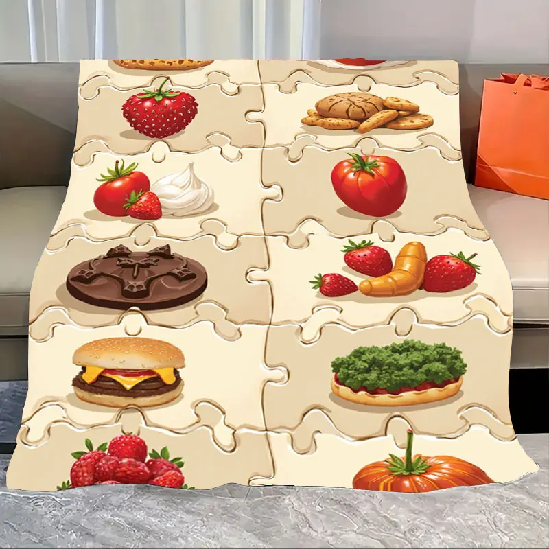 

1pc Flannel Blanket Delicious Food Puzzle Print Soft Cozy Blanket for Home Decor
