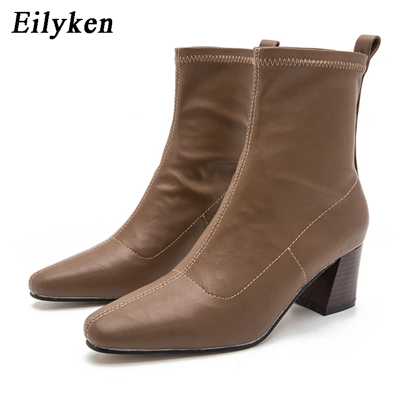 Eilyken Black Brown Autumn Winter Ankle Boots For Women Soft PU Leather Female Square Heels Elastic Boots Size 35-42