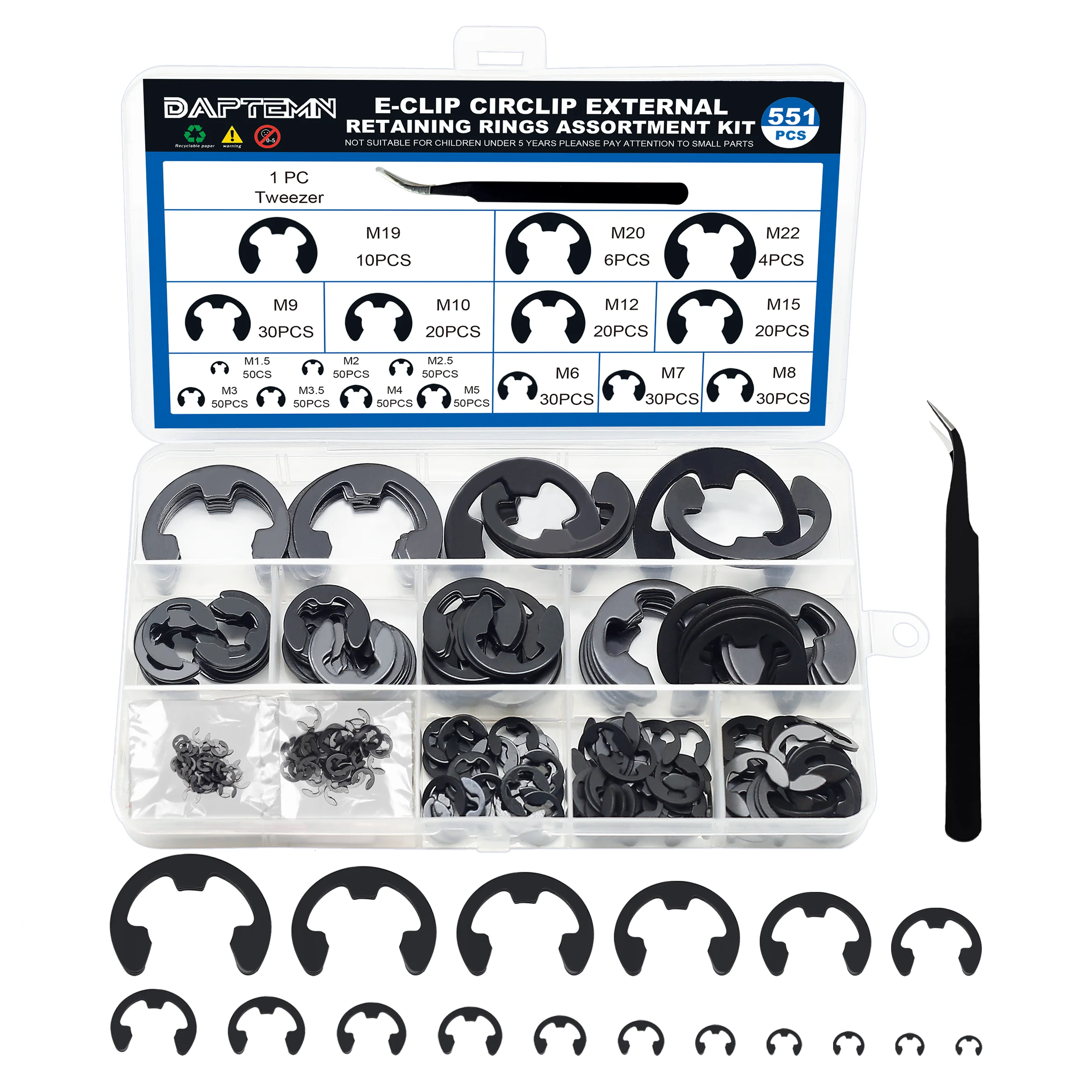 E Clip Circlip External Retaining Rings Assortment Kit, 551PCS E Clips External Carbon Steel Rings, Includes Sizes of M1.5-M22