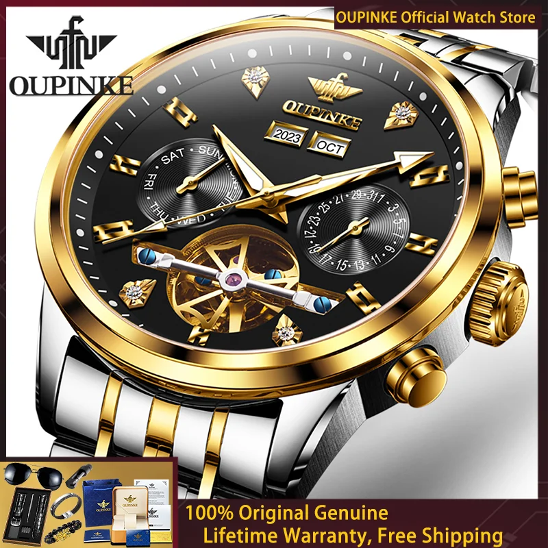 OUPINKE Original Men Mechanical Watch Skeleton Flywheel Waterproof Multi functional Watch Luxury Brand Automatic Men Watch 3248