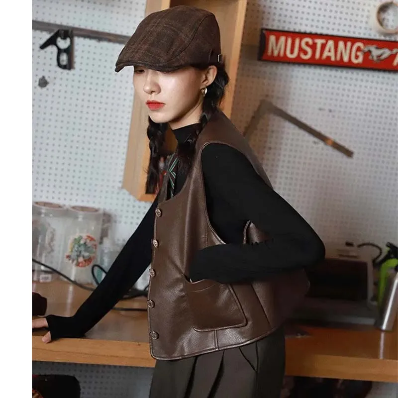 سترة جلدية المرأة الخريف جديد الرجعية التصميم البريطاني المتخصصة جولة الرقبة سترة قصيرة سترة الكتف سترة جلدية البني XQ149