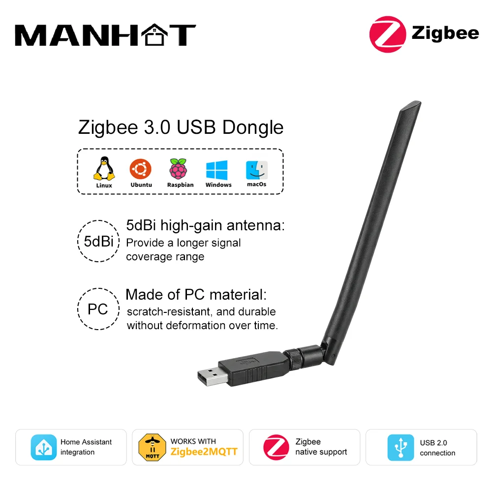 MANHOT Zigbee3.0 USB Dongle Universal Gateway Thread Matter Work with Home Assistant OpenHAB Zigbee2MQTT For Smart Home Devices