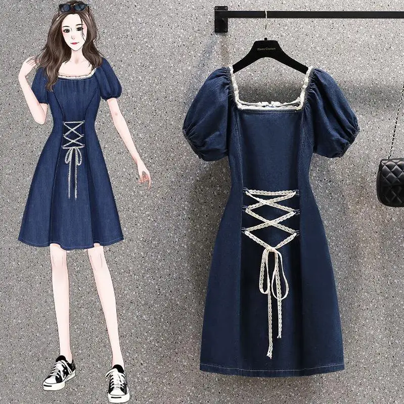 Women Large Size Denim Dress Puff Short Sleeve Square Collar Lace Spaghetti Mini Dresses New Summer Sexy Robe Lady Y2K Clothing