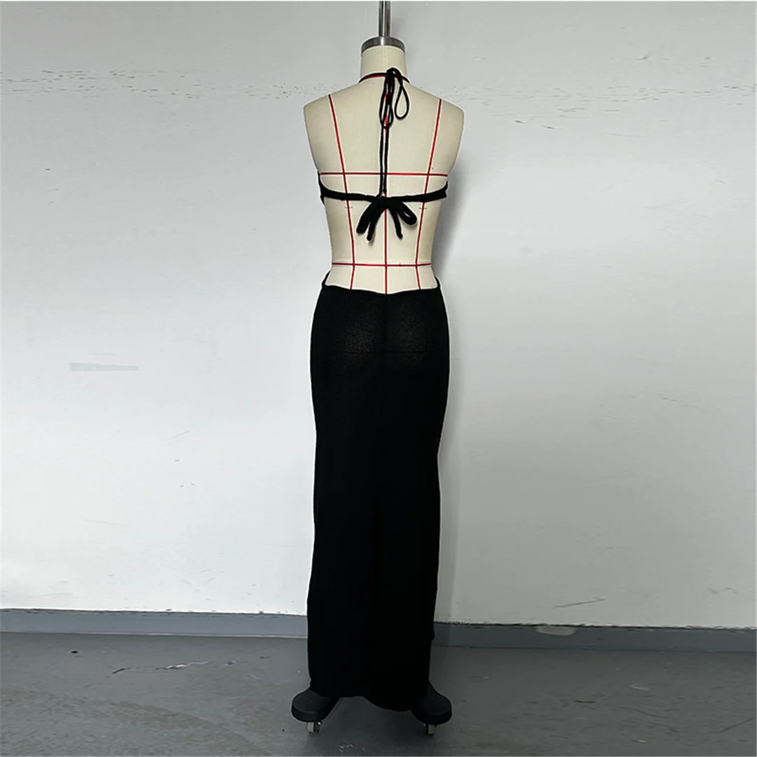 3D-Blumen-Halterneck-Strickkleid mit offenem Rücken, Strandkleid, Strandmode, Strandüberwurf, Damen V6852 – Detail 18