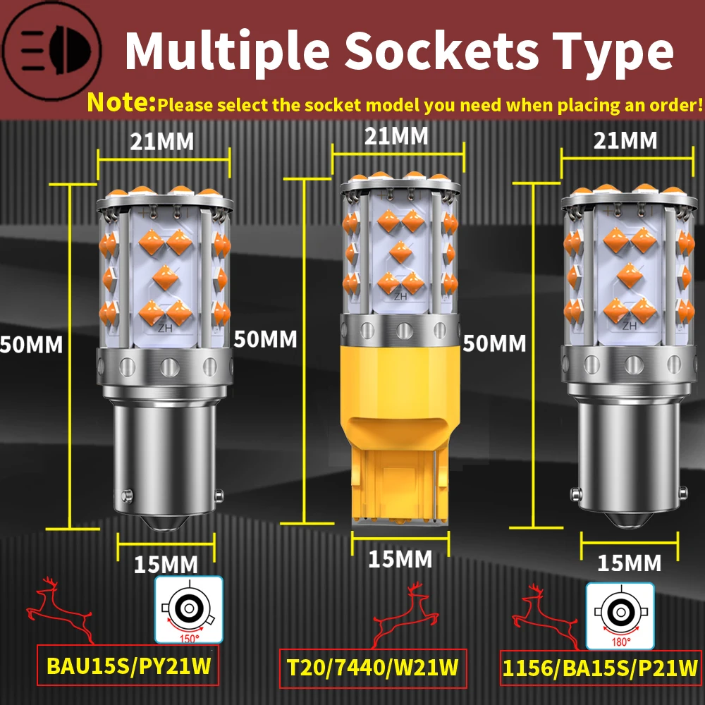 2pcs 3200lm Amber T20 7440 7440NA WY21W 1156 BA15S BAU15S LED Canbus No Hyper Flash Built-in Resistor Turn Signal Light Yellow