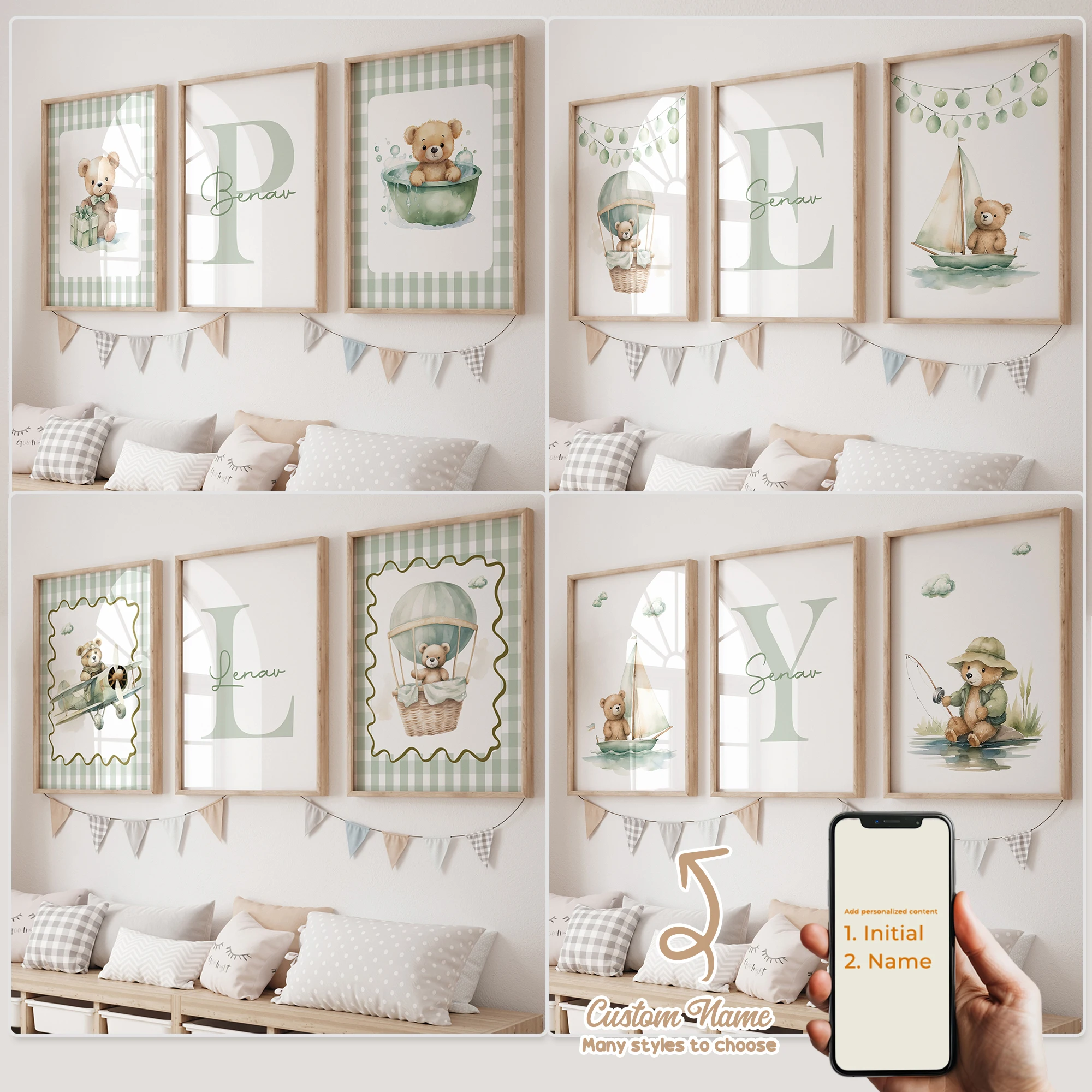 3-teiliges personalisiertes Wandbild mit individuellem Namen, Cartoon-grüner Bär, Kunstdruck auf Leinwand, Poster, Gemälde für Wohnzimmer, Kinderzimmer, Heimdekoration