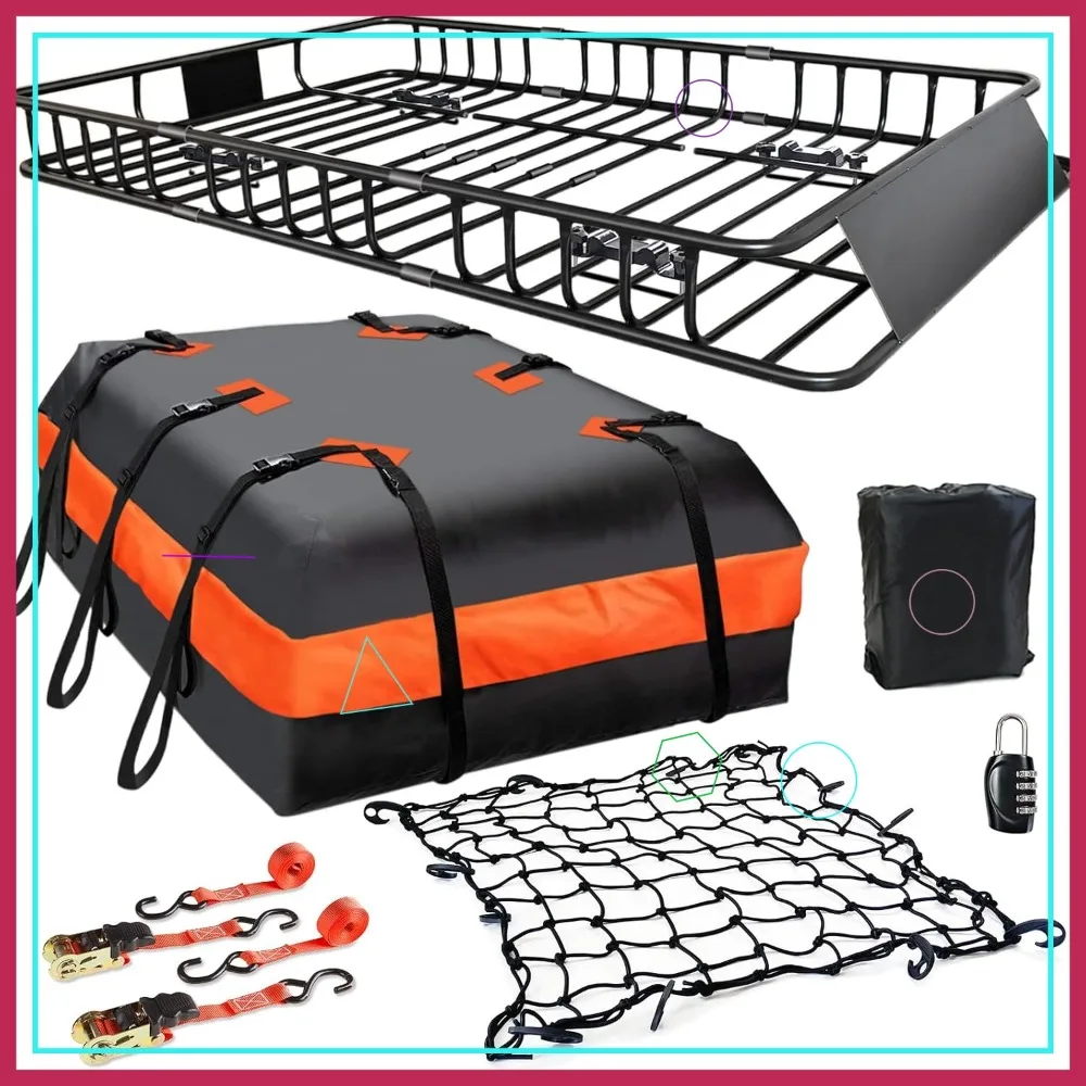 

Universal Roof Rack Carrier 65x39x6 inch + Waterproof Bag 20 cu ft, Cargo Net & Straps, 200 lbs Capacity