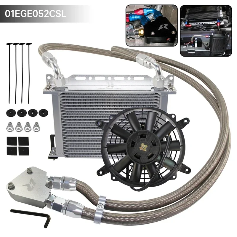 Universal Oil Cooler 22/25 Row +LS1 LS2 LS3 Adapter+Oil Lines+Bracket Kit+ 7'' Fan Kit 1997-2019 Silver