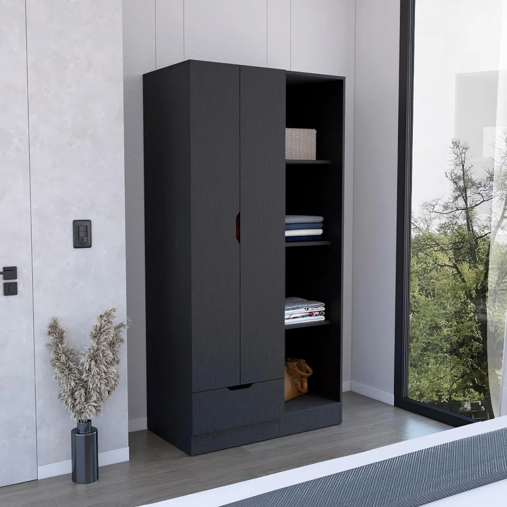 , Wardrobe Armoire with 4-Tier Storage Shelves and 1 Drawer, Closet Storage Cabinet,Clothing Organization