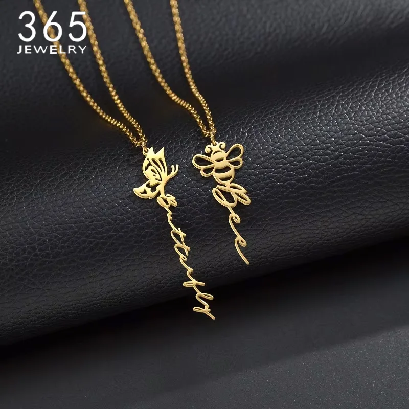 

365 Custom Name Stainless Steel Butterfly Choker Necklace FOr Women Girls Letter Chain Insect Rose Necklace Jewelry Party Gift