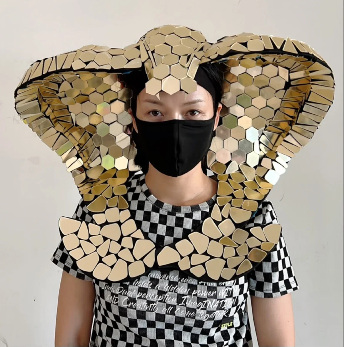 stage performance costume animal mask light gold mirror simulated cobra shaped headwear hat scarf