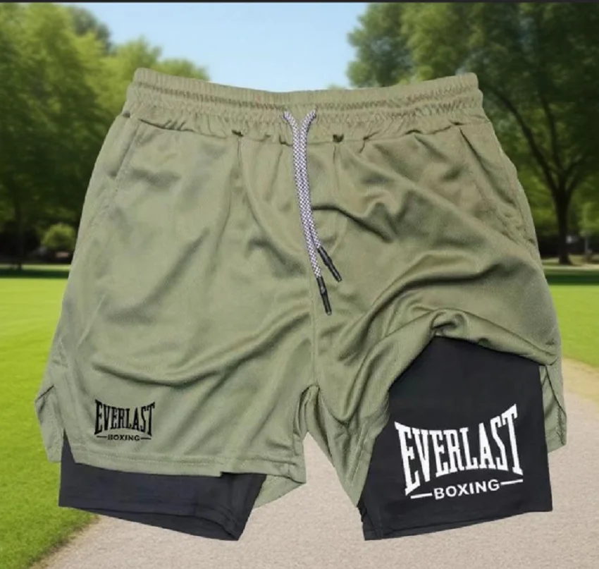 

2026 New Men's Compression Gym Shorts EVERLAST Printed Sports Pants Double Layered Quick Drying Basketball Muscle Fitness