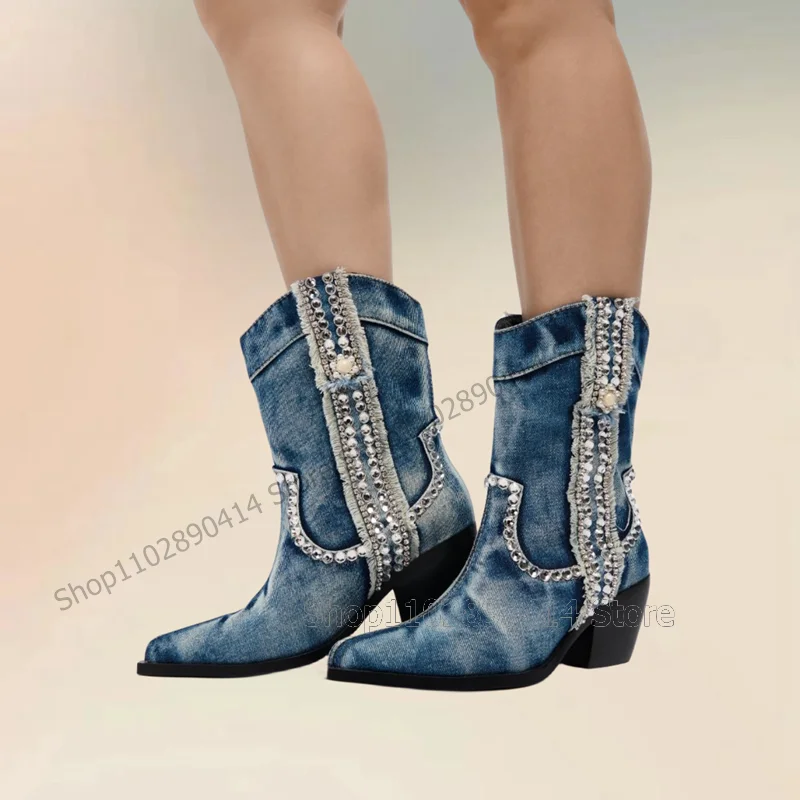 Bottes à talons hauts épais en denim bleu pour femmes, décor en biscuits, style rétro, chaussures à enfiler, Parker pointu, fête, 2024