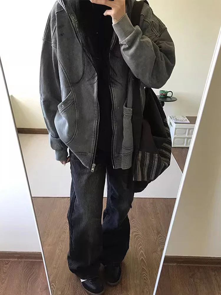 

Waed Vintage ey Hoodie Jaet Men Women Spring Autumn Sle American Harrington Jaet Casual Trendy Youth Cotton Polyester