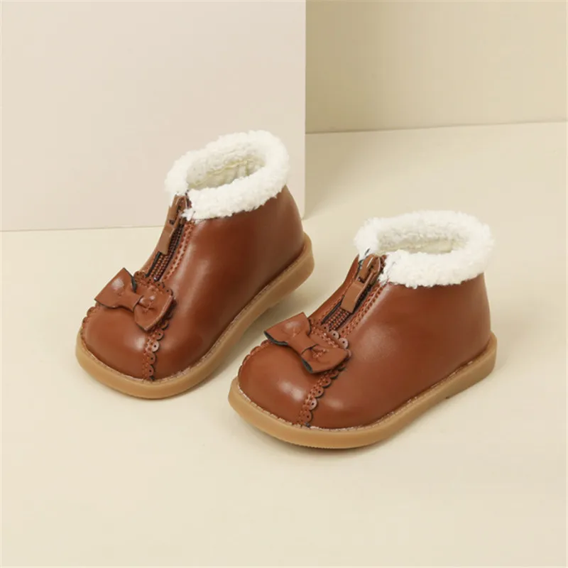 2023 New Autumn/Winter Baby Boots  Leather Butterfly-knot Girls Princess Shoes Zip Soft Sole Fashion Toddler Girls Boots