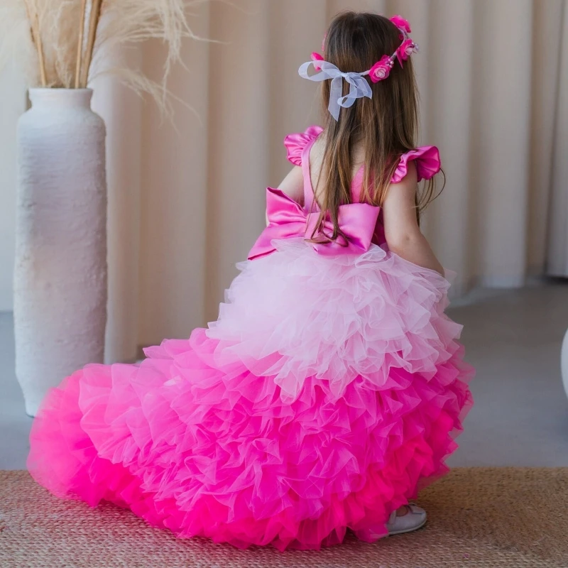 Rose Red Flower Girl Dresses Tulle Puffy With Bow Hight-Low Skirt For Wedding Birthday First Communion Gowns