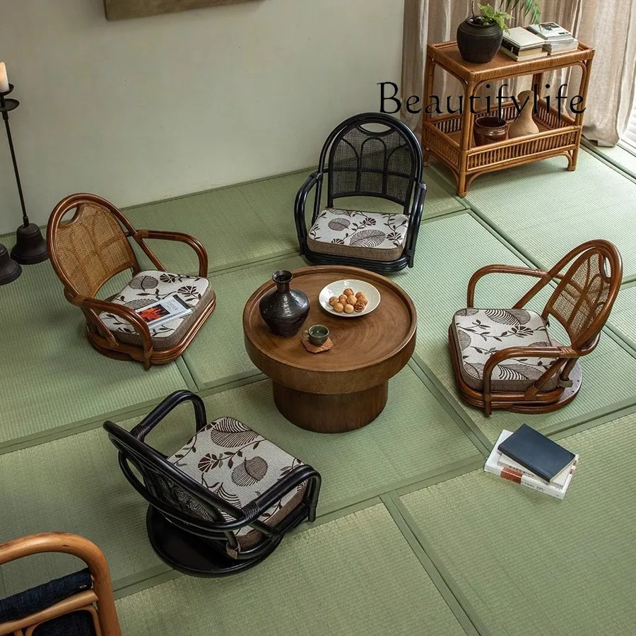 Rotatable tatami single chair wabi retro tea room negotiation rattan chair casual back chair designer