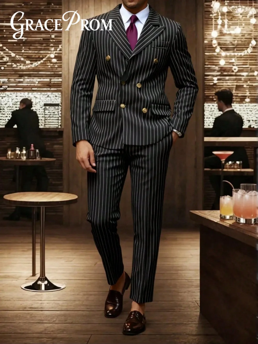 

Classic Double Breasted Black Striped Mens Suit 2 Piece Sets Gentleman Men Suits Elegant Tuxedos For Wedding Prom Jacket Pants
