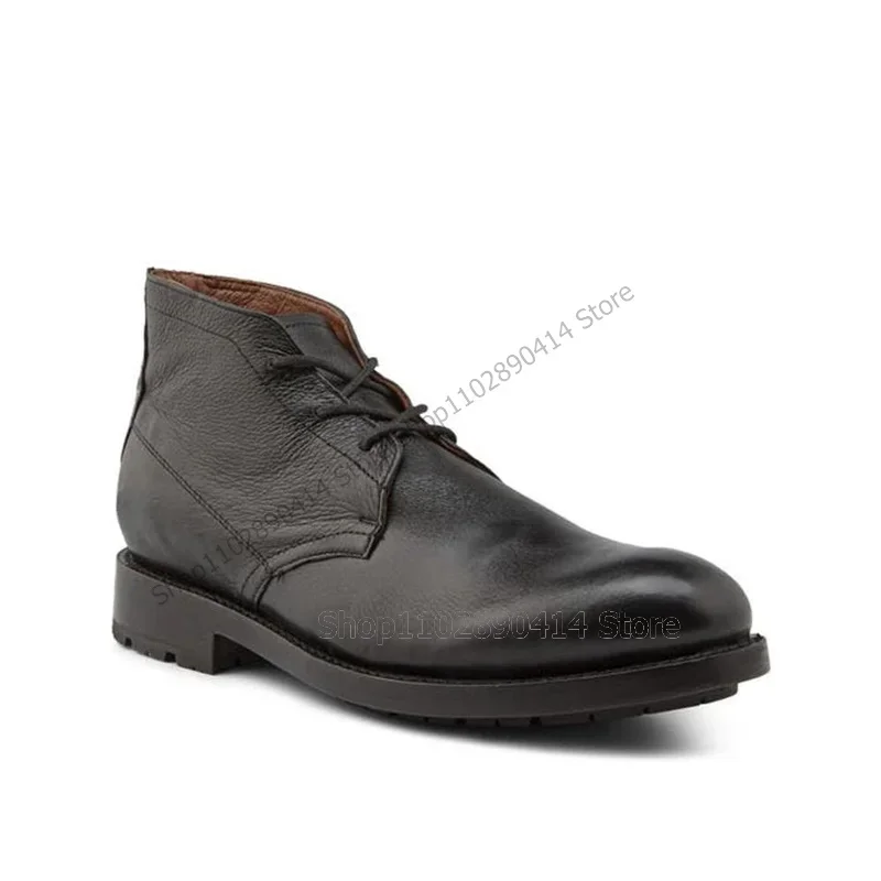 

Black Sewing Design Round Toe Ankle Boots Fashion Lace Up Men Boots Luxury Handmade Party Feast Banquet Office Men Dress Shoes
