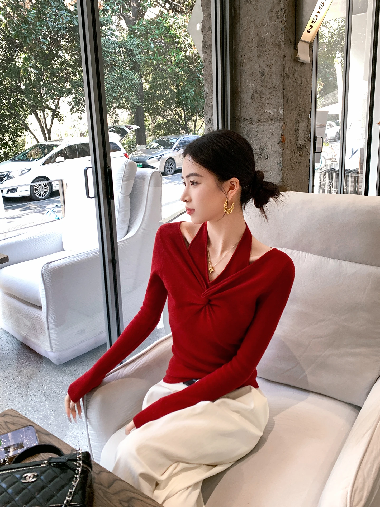 

Binguo Pure Wool Red Knitted Neline Women's Top Casual Sle Spring New Design Breathable Comfortable Fit Long Sve irt