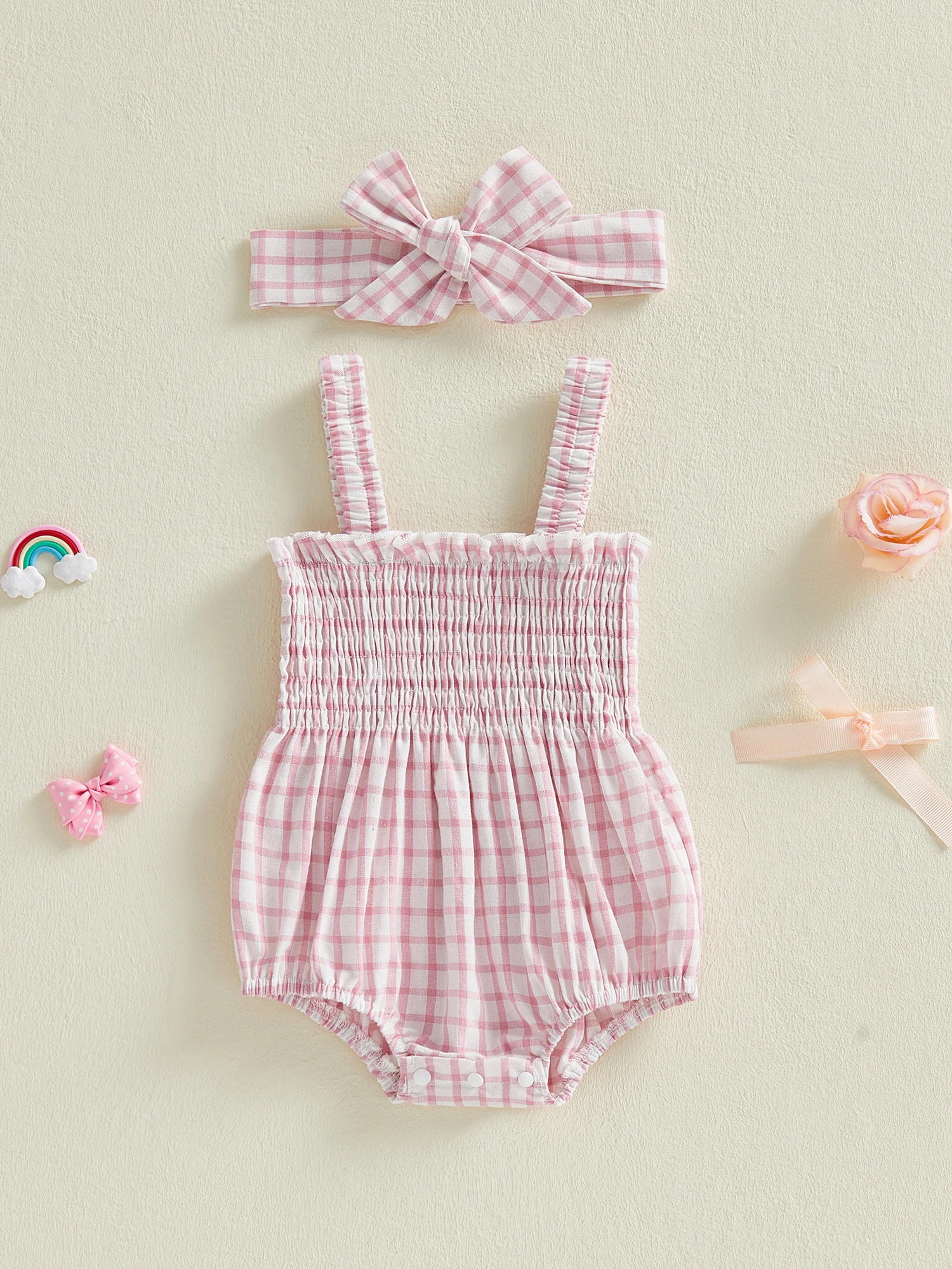 طقم ملابس للفتيات الصغيرات مكون من قطعتين مريح بدون أكمام ورقبة مربعة منقوشة وعصابة رأس #5