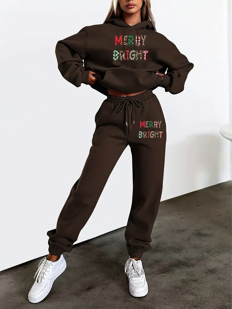 

2-piece Christmas letter suit, long-sleeved kangaroo pocket hooded sweatshirt and elasticated waist pant suit, women's clothing