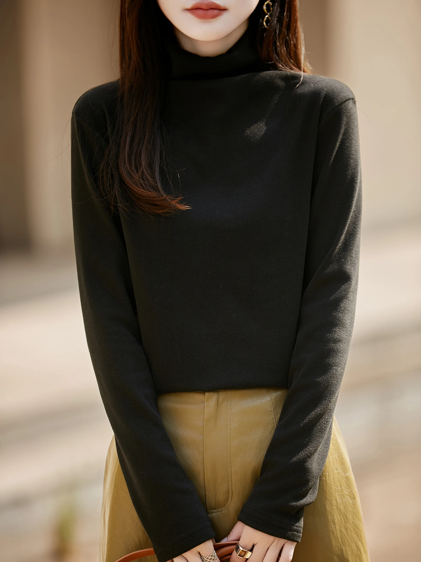 

Autumn Winter Women's Base Layer irt Double-sided Velvet Thi Warm Inner Wear Bla High Collar Slim Fit Versatile Knitted...