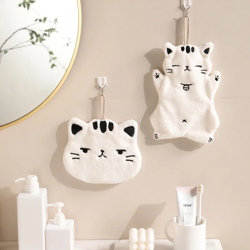 Cute Cat Hand Towel Hanging Coral Fleece Hand Towel for Kitchen & Bathroom with Strong Absorption and No Lint