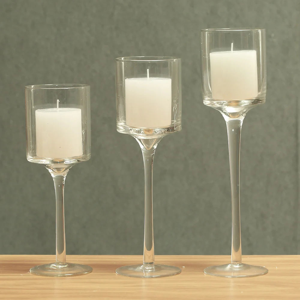 Glass candlestick Hand blown glass handicraft European restaurant high leg candlestick three piece set