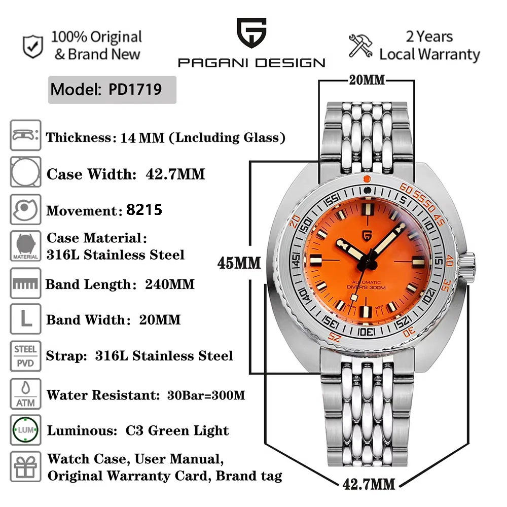 Pagani Design 2026 Men's Mechanical Watch 8215 PD1719 Sapphire Crystal 300M Waterproof Stainless Steel Diver Watch Reloj Hombr