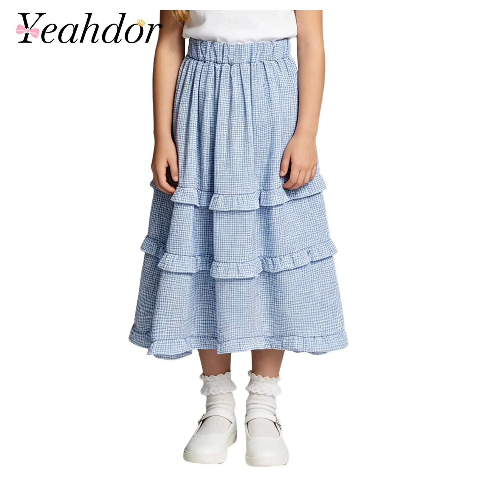 Kids Skirts for Girls Checkered Pattern Ruffled Elastic Waistband Tea-length Tiered Cake Skirt Mid Length Daily Party Clothes