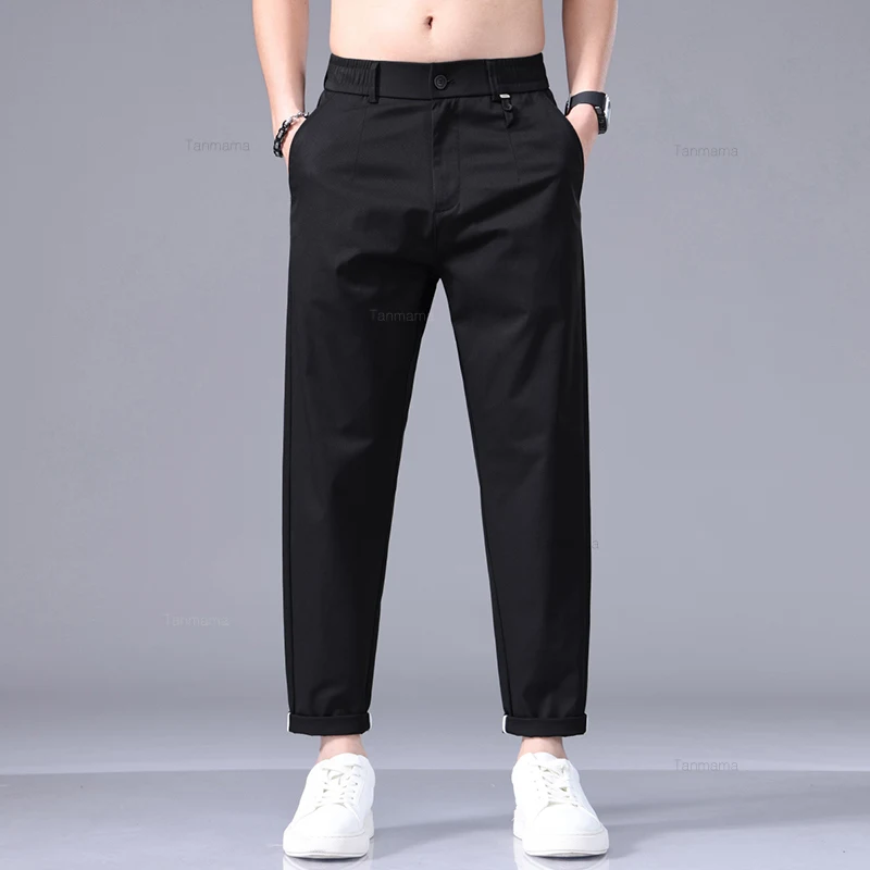 Summer Ultra-thin Men\'s Ice Silk Casual Pants Fashion Solid Color Loose Business Straight Ankle Length Trousers Black Gray Khaki