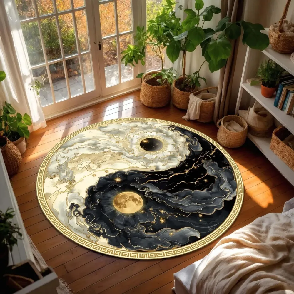 Celestial Yin Yang Round Rug Black Gold Sun Moon Carpet Cosmic Balance Mandala Spiritual Boho Floor Mat for Living Room Bedroom