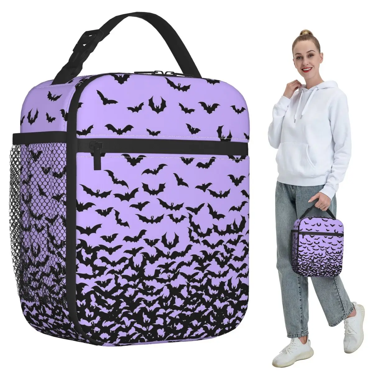 

Термосумка для обедов с градиентным фиолетовым узором в виде летучих мышей для детей, школьный термоконтейнер для еды, портативная сумка-холодильник для ланчей