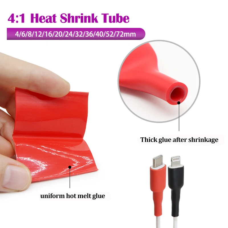 1-10M Black Red 4:1 Heat Shrink Tube With Thick Dual Wall ﻿Glue Dia. 4mm ~ 72mm Shrinkable Tubing DIY Cable Protector Sleeve