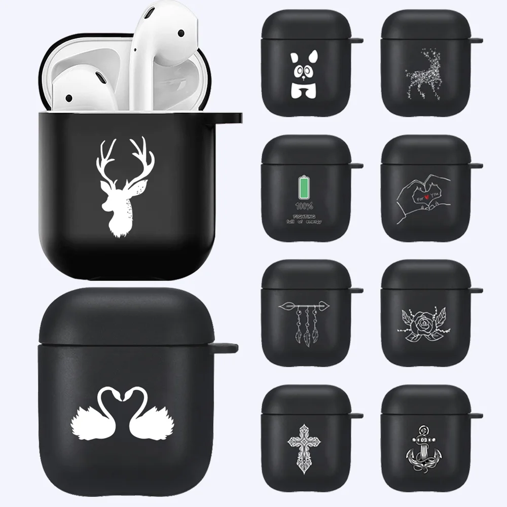 

Чехол для наушников Apple Airpods 1-го/2-го поколения, с защитой от падения, серия белых изображений, беспроводные Bluetooth наушники, черный мягкий сили...