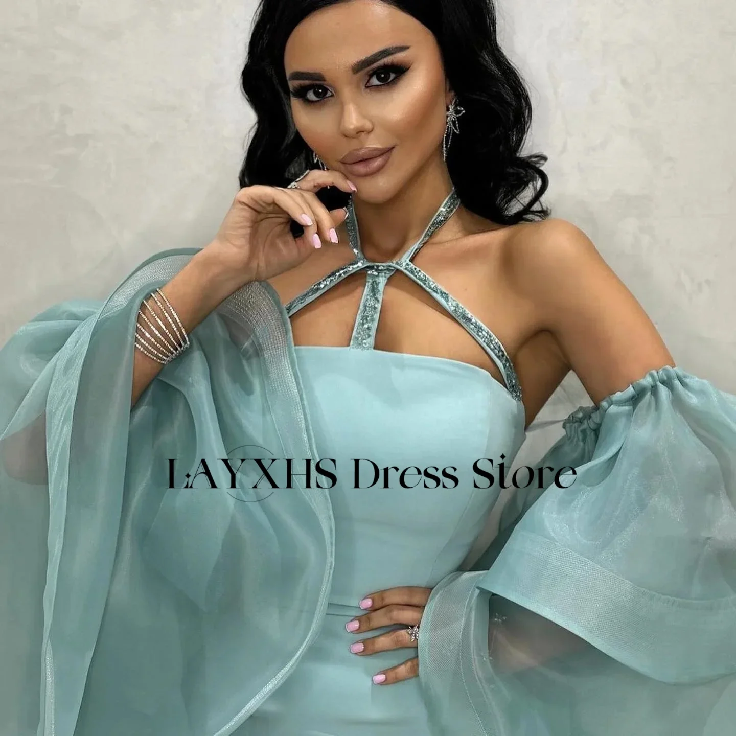 LAYXHS Abiti da sera alla moda con scollo all'americana Sirena con perline Manica rimovibile con volant Abiti da ballo lunghi fino al pavimento Personalizzati