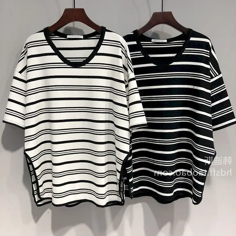 Summer T Shirt Women Loose Oversized Striped Short Sleeve T-shirt Korean Casual V-neck Mid-length Tshirt Tops Women's Ins Trend