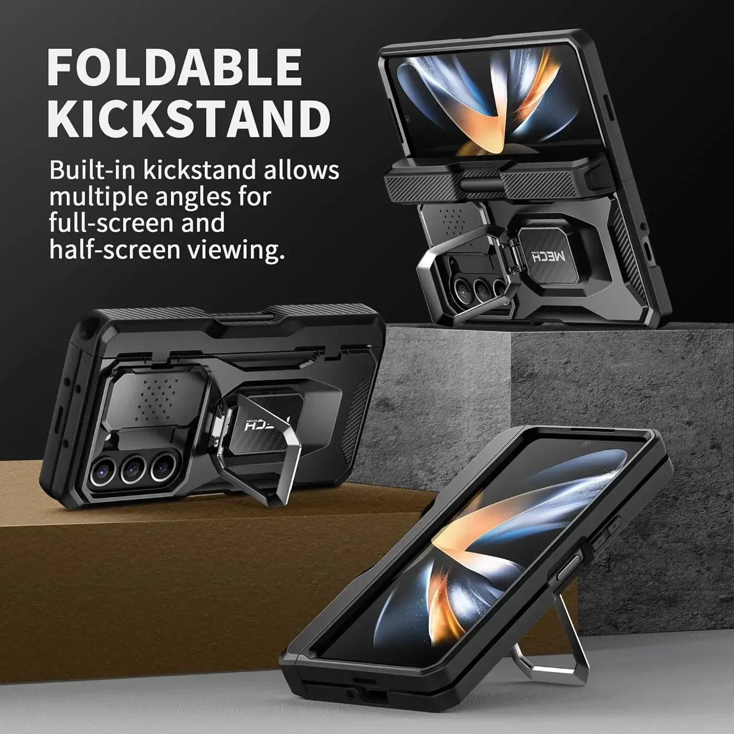 TONGATE for Samsung Galaxy Z Fold 5 Case with Ring Stand Shockproof Rugged Screen Protector Slide Camera Cover Belt Clip Black