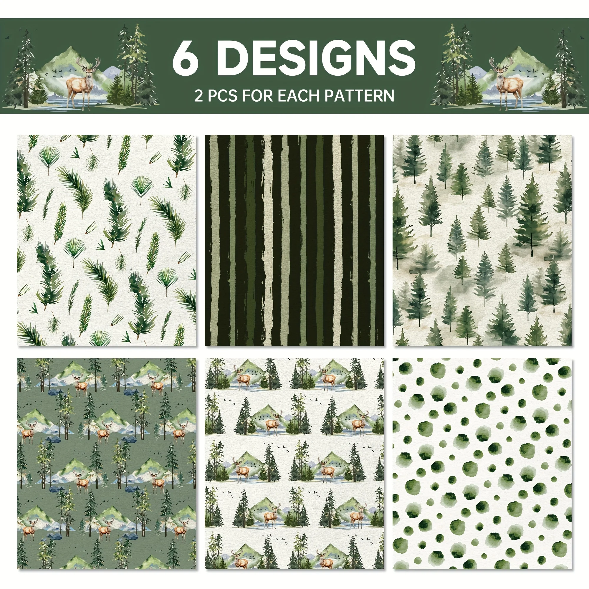 12pcs Green Watercolor Christmas Gift Wrap Set - Reindeer & Tree Themed Party Decoration Paper For Presents Holiday Decorations